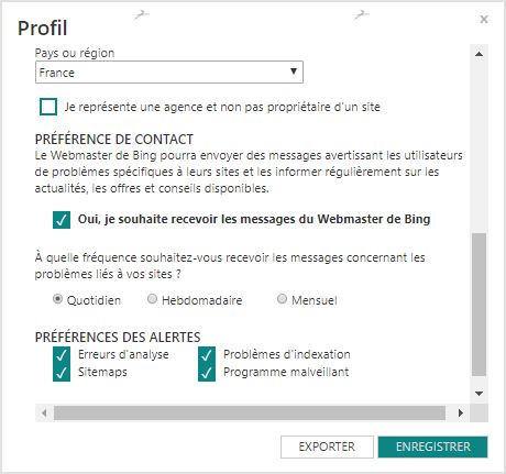 Remplir les informations utiles a votre profil dans Bing Webmaster Tools