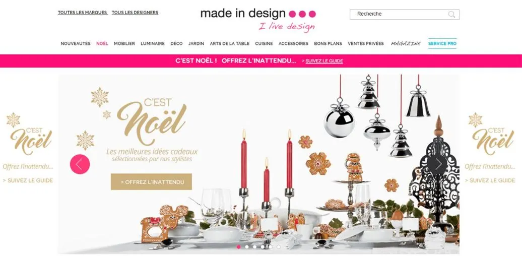 Exemple de site e commerce Made in Design avec un arriere-plan et visuels de diaporama aux couleurs de Noel