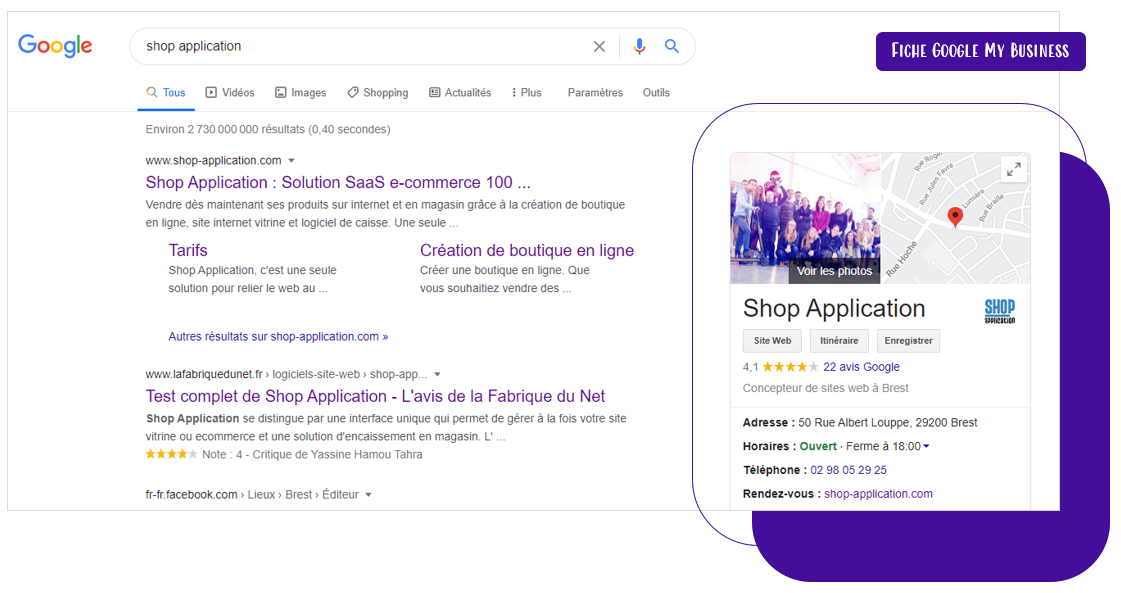 Affichage de la fiche Google My Business dans les pages de résultats Google pour l'entreprise Shop Application