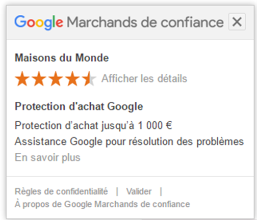 Badge Google Marchand de confiance pour sa boutique en ligne avec une protection d'achat jusqu'à 1000 €