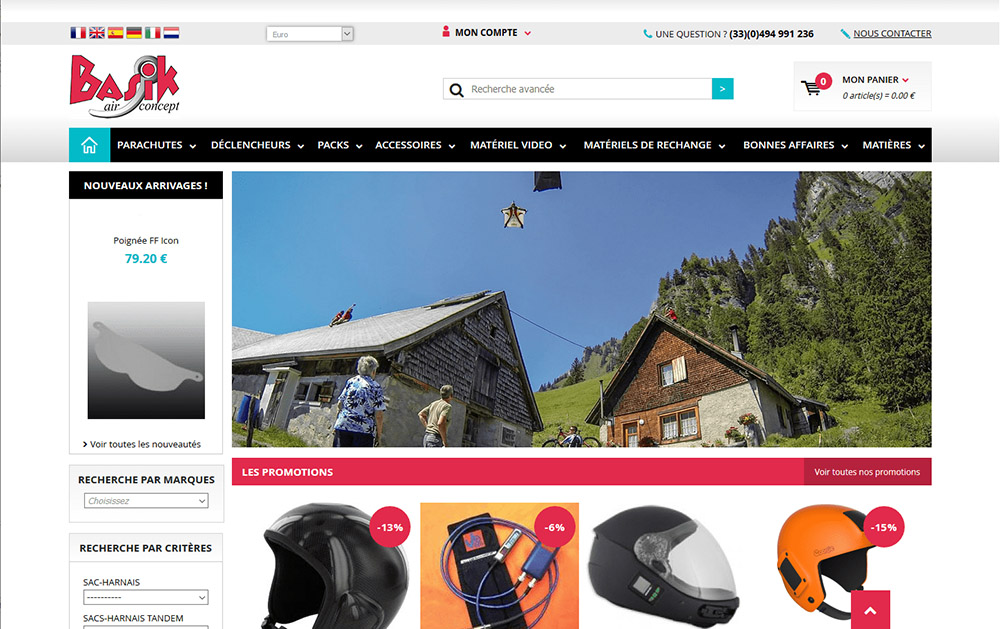 Basik - Page d'accueil - Création de site internet marchand pour du matériel de parachutisme www.basik.fr - Thème Gerrri avec Shop Application