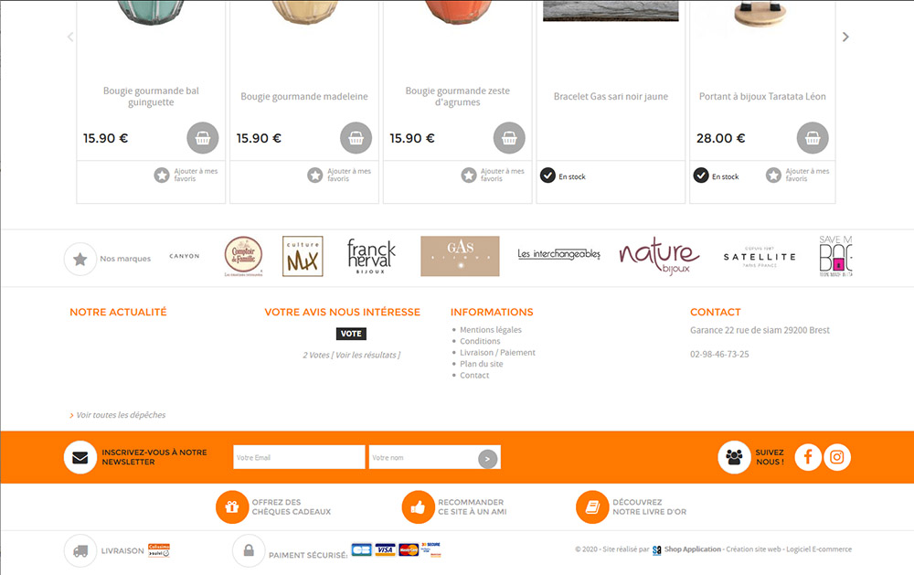Bijouterie Garance - Pied de page pour créer un site vente en ligne : Actualités, Inscription Newsletter, Contact...
