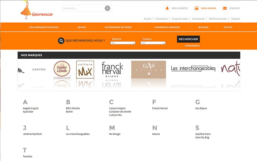 Bijouterie Garance - Page de marques pour site vente en ligne - Thème graphique de site Hermer