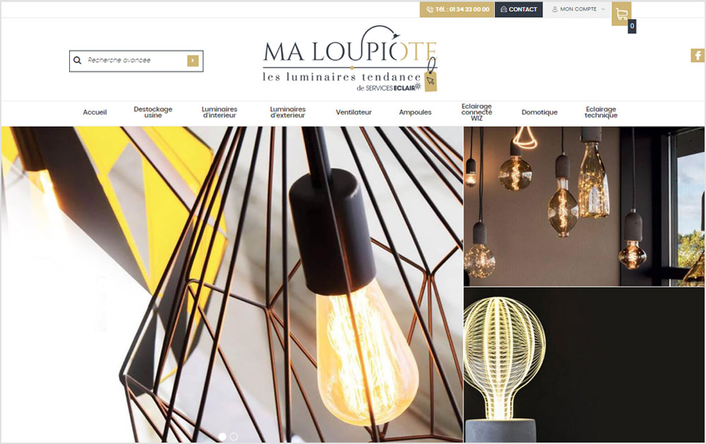 Ma Loupiote - Page d'accueil et Diaporama - Création de la boutique en ligne www.maloupiote.fr pour la vente de luminaires et décoration intérieure avec le thème Augo de Shop Application